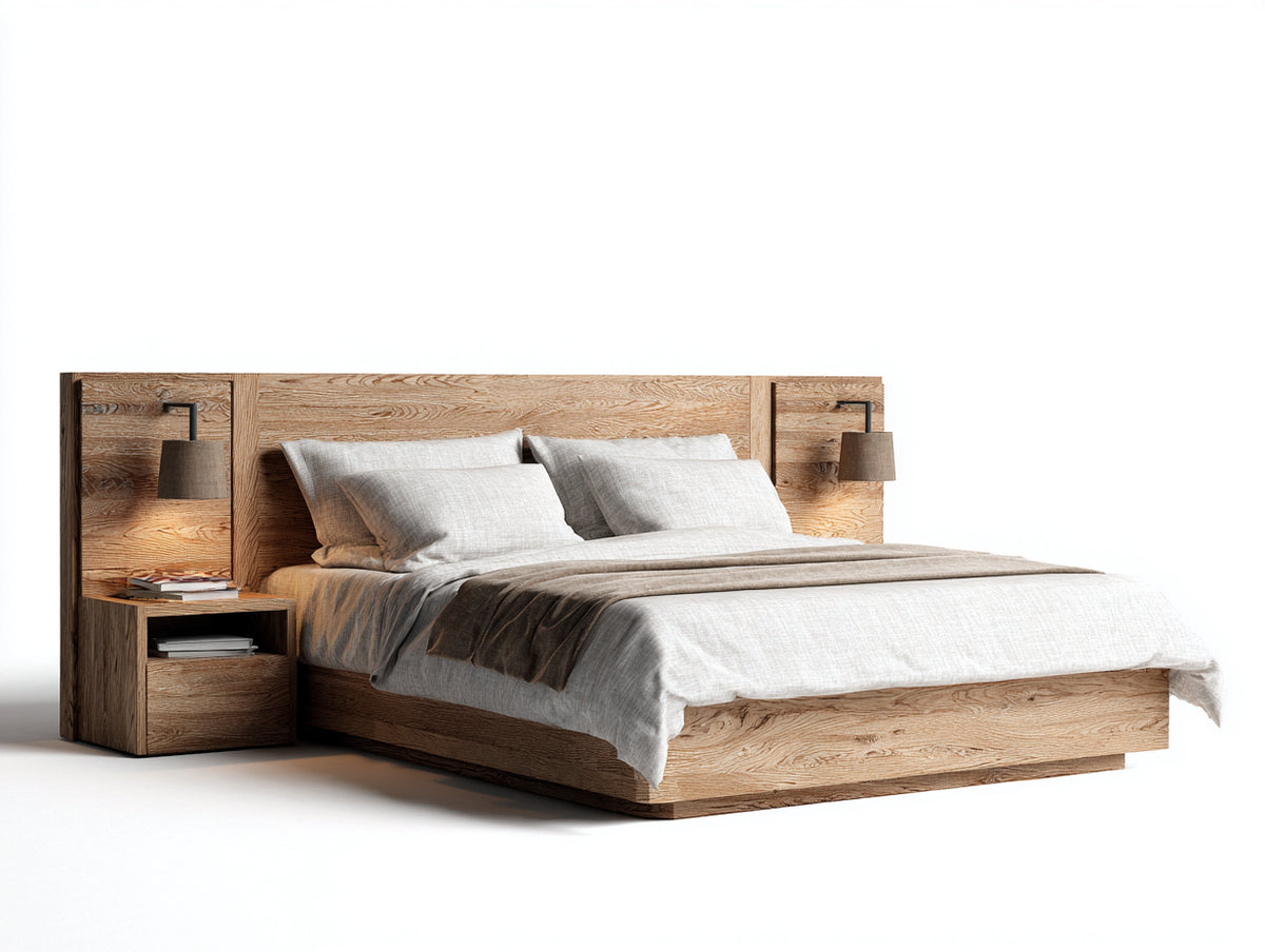 Camas dobles de madera 200x160x100 cm - color madera natural - diseño moderno con cabecero integrado